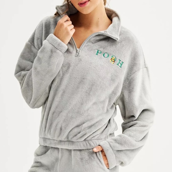 Disney Winnie the Pooh Quarter Zip Cropped Fluffy Fleece Sweatshirt - Picture 1 of 10